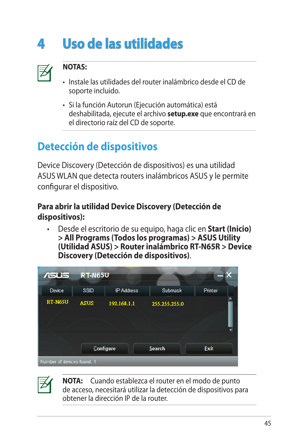 4 uso de las utilidades, Detección de dispositivos | Asus RT-N65R User Manual | Page 45 / 70