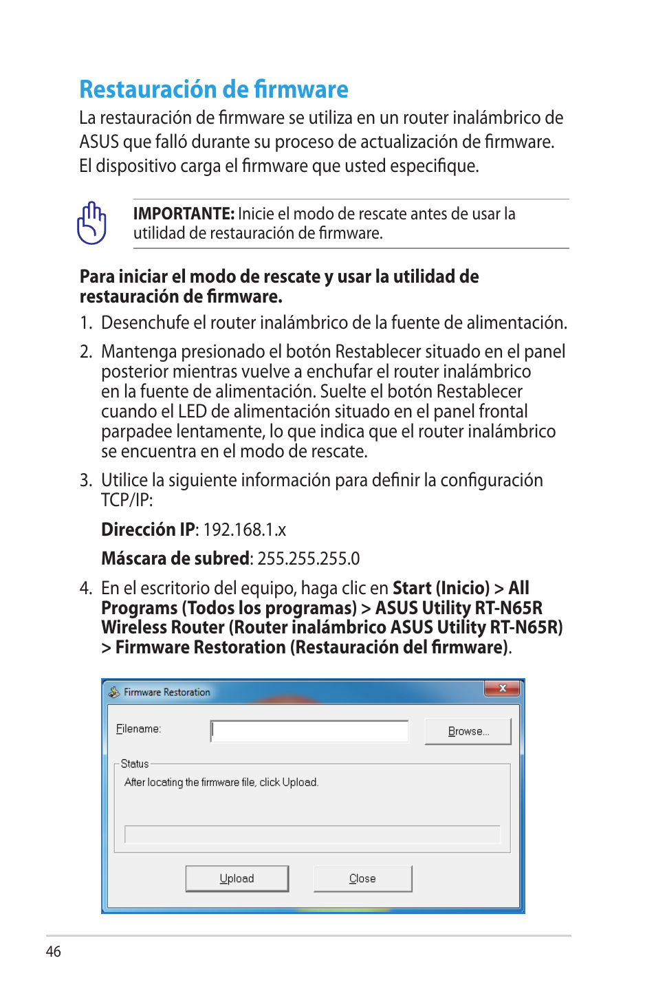 Restauración de firmware | Asus RT-N65R User Manual | Page 46 / 70