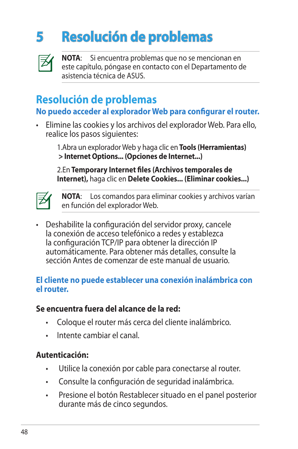 5 resolución de problemas, Resolución de problemas | Asus RT-N65R User Manual | Page 48 / 70