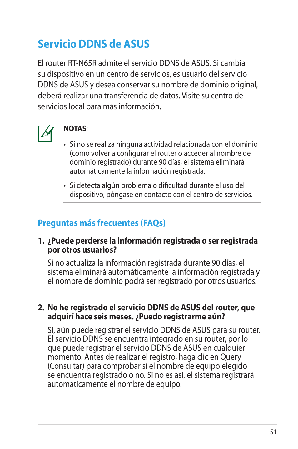 Servicio ddns de asus, Preguntas más frecuentes (faqs) | Asus RT-N65R User Manual | Page 51 / 70