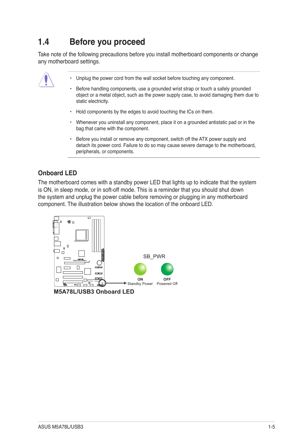 4 before you proceed, Before you proceed -5, Onboard led | Asus M5A78L/USB3 User Manual | Page 15 / 66