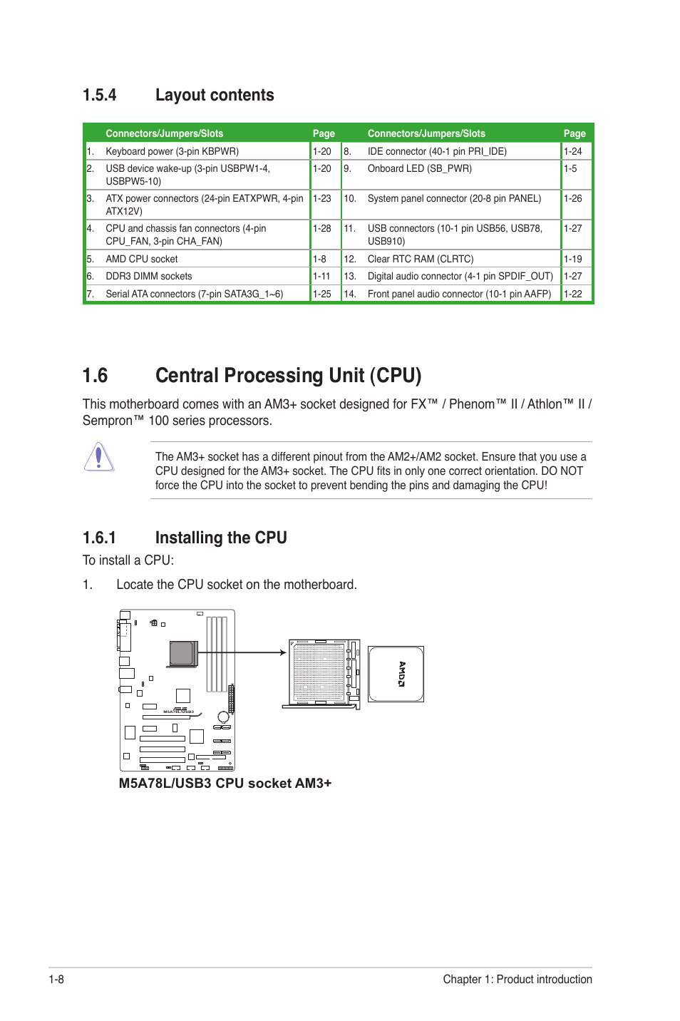 4 layout contents, 6 central processing unit (cpu), 1 installing the cpu | Layout contents -8, Central processing unit (cpu) -8 1.6.1, Installing the cpu -8 | Asus M5A78L/USB3 User Manual | Page 18 / 66