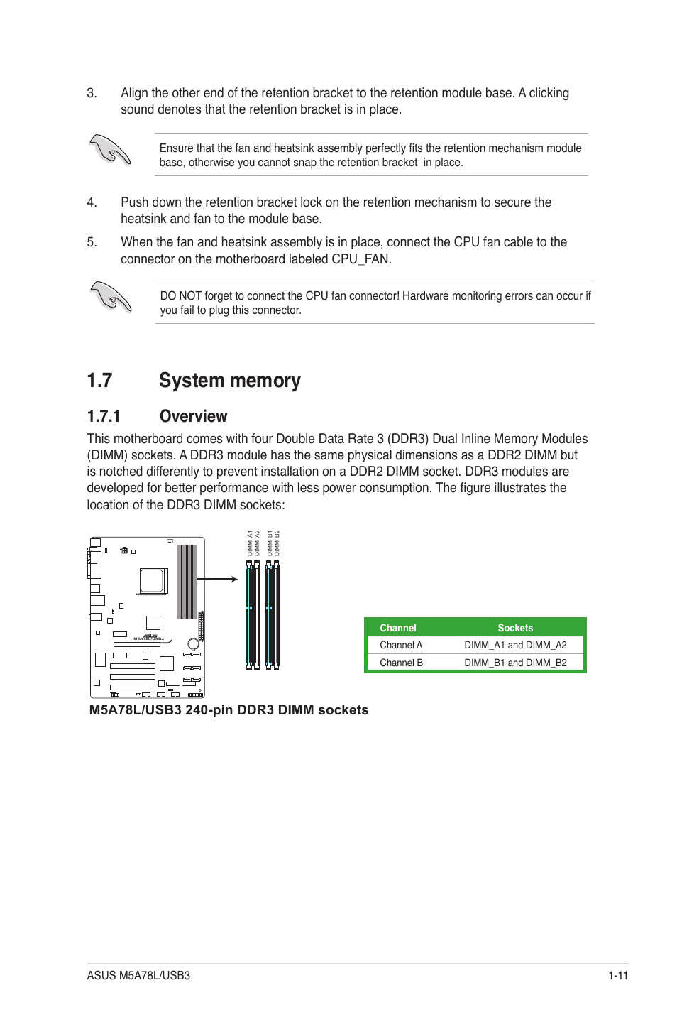 7 system memory, 1 overview, System memory -11 1.7.1 | Overview -11 | Asus M5A78L/USB3 User Manual | Page 21 / 66