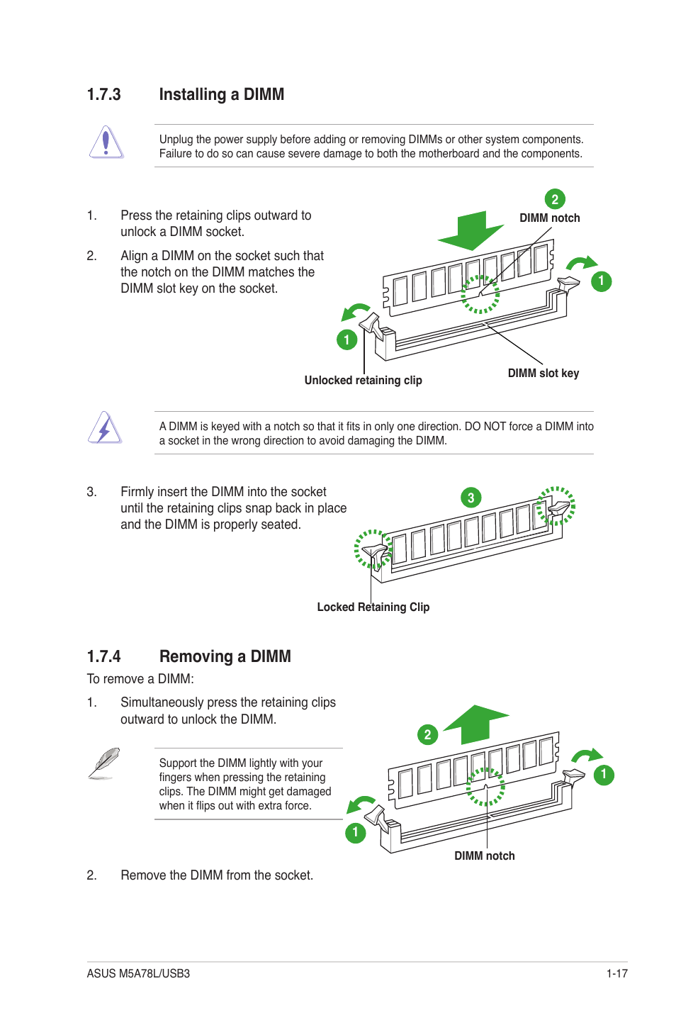 3 installing a dimm, 4 removing a dimm, Installing a dimm -17 | Removing a dimm -17 | Asus M5A78L/USB3 User Manual | Page 27 / 66