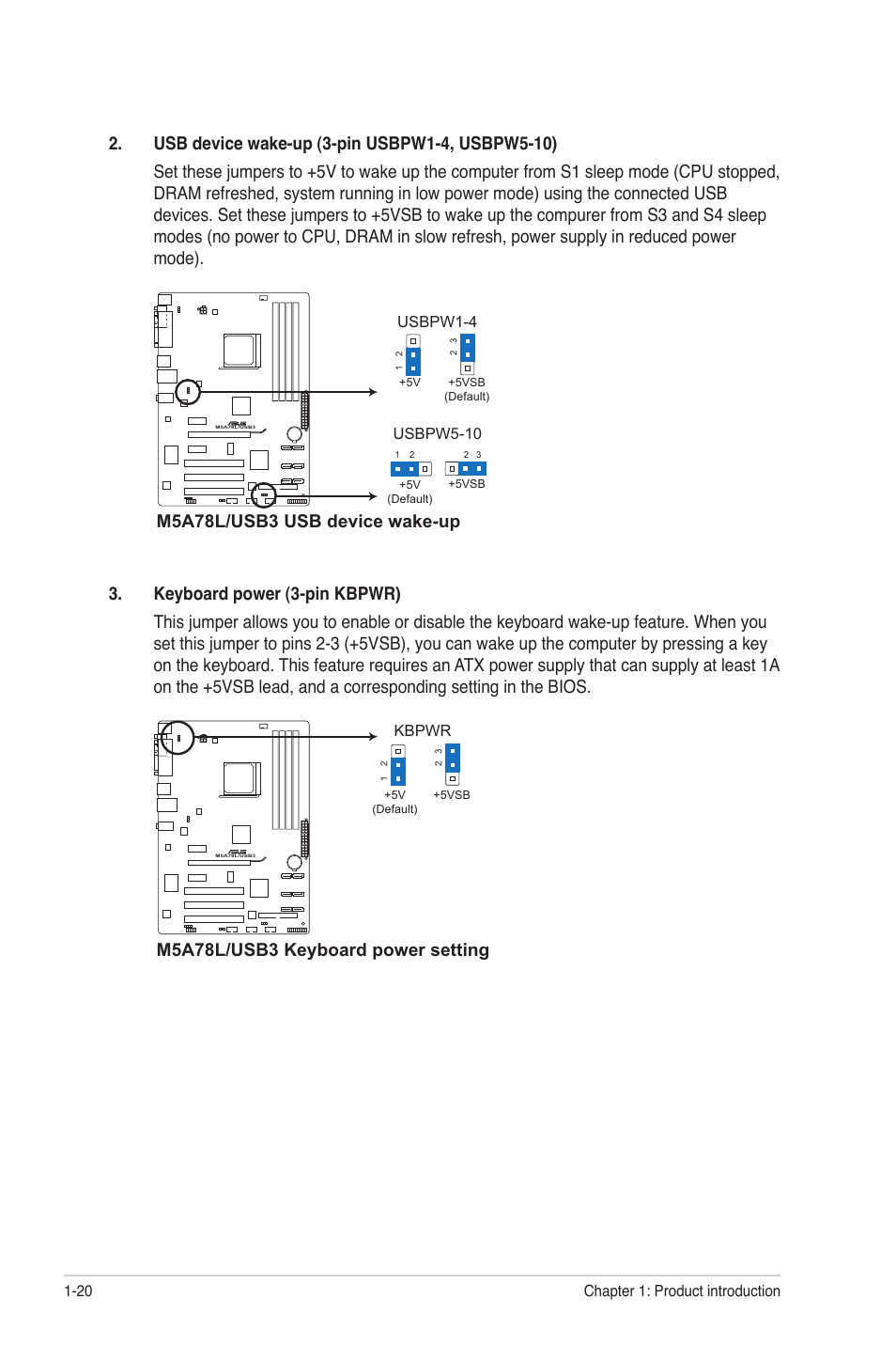 M5a78l/usb3 usb device wake-up, M5a78l/usb3 keyboard power setting | Asus M5A78L/USB3 User Manual | Page 30 / 66