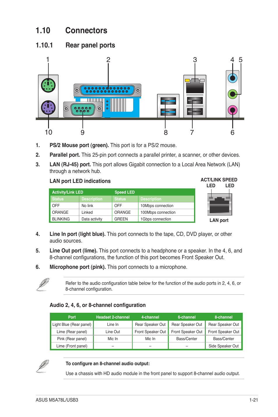 10 connectors, 1 rear panel ports, 10 connectors -21 | 1 rear panel ports -21 | Asus M5A78L/USB3 User Manual | Page 31 / 66