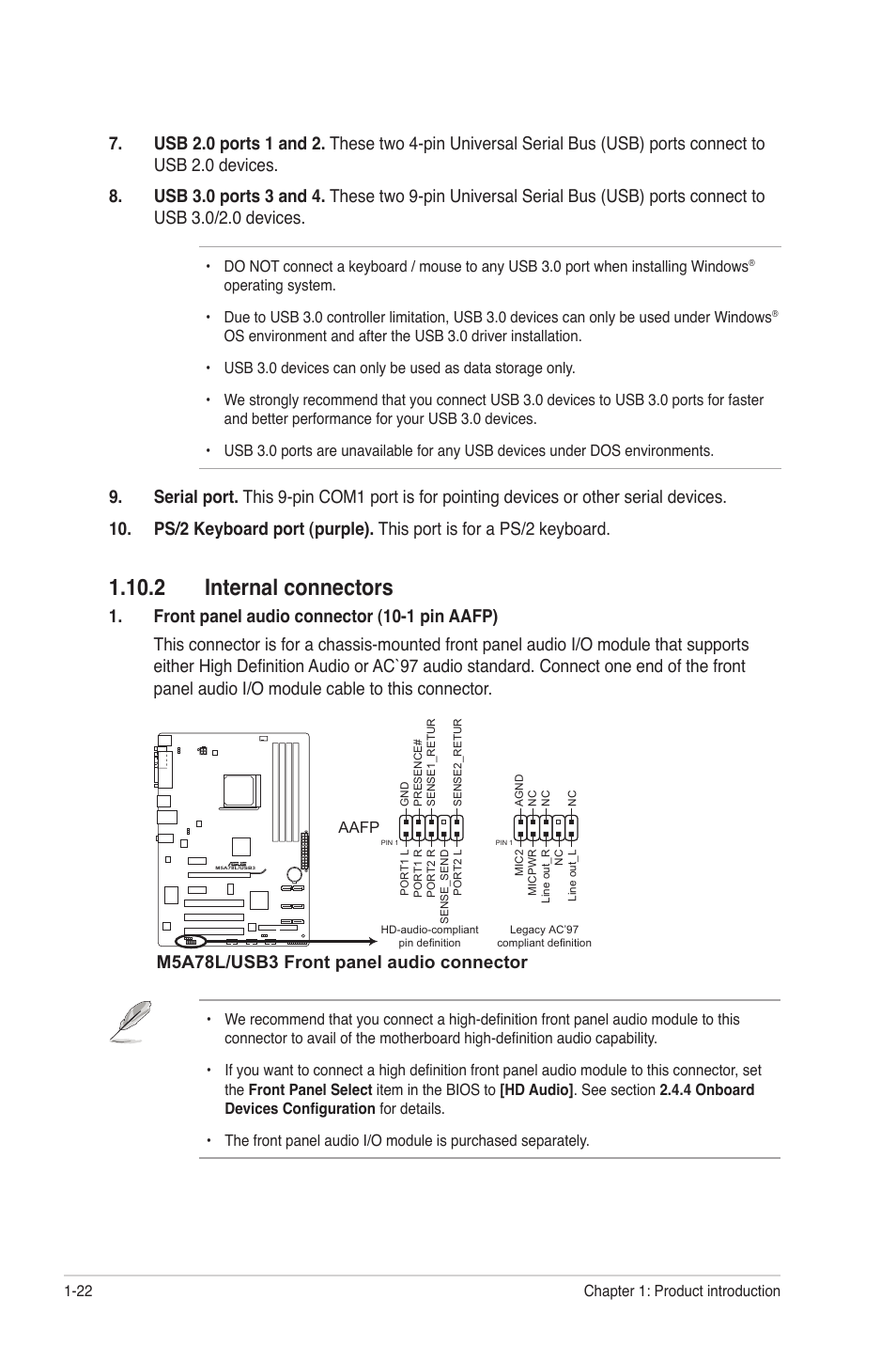 2 internal connectors, 2 internal connectors -22, M5a78l/usb3 front panel audio connector | Asus M5A78L/USB3 User Manual | Page 32 / 66