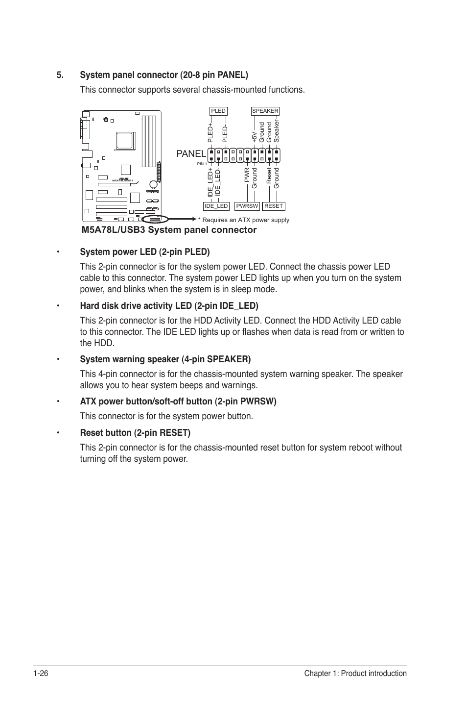 Panel, M5a78l/usb3 system panel connector | Asus M5A78L/USB3 User Manual | Page 36 / 66