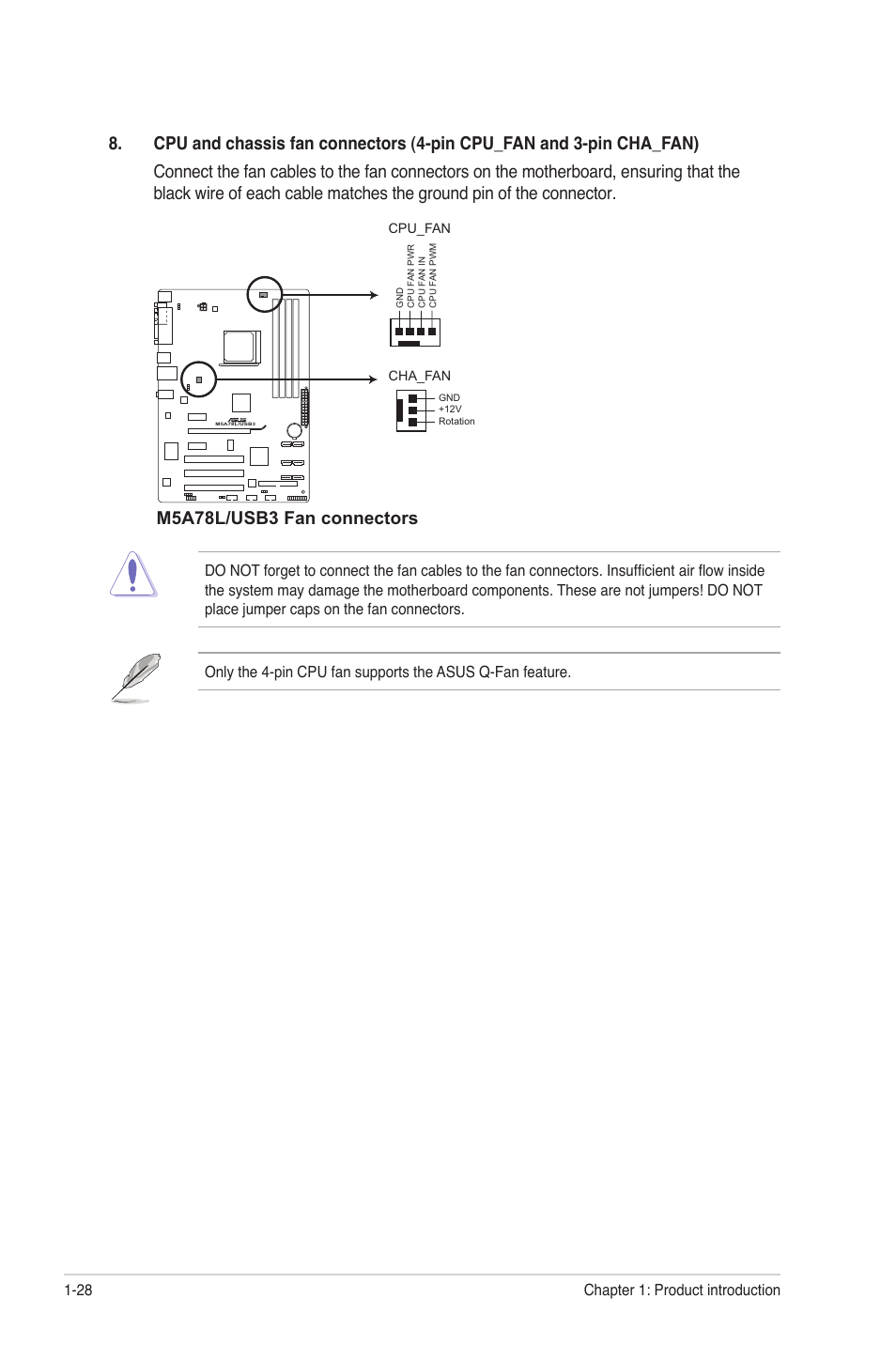 M5a78l/usb3 fan connectors, Chapter 1: product introduction 1-28 | Asus M5A78L/USB3 User Manual | Page 38 / 66