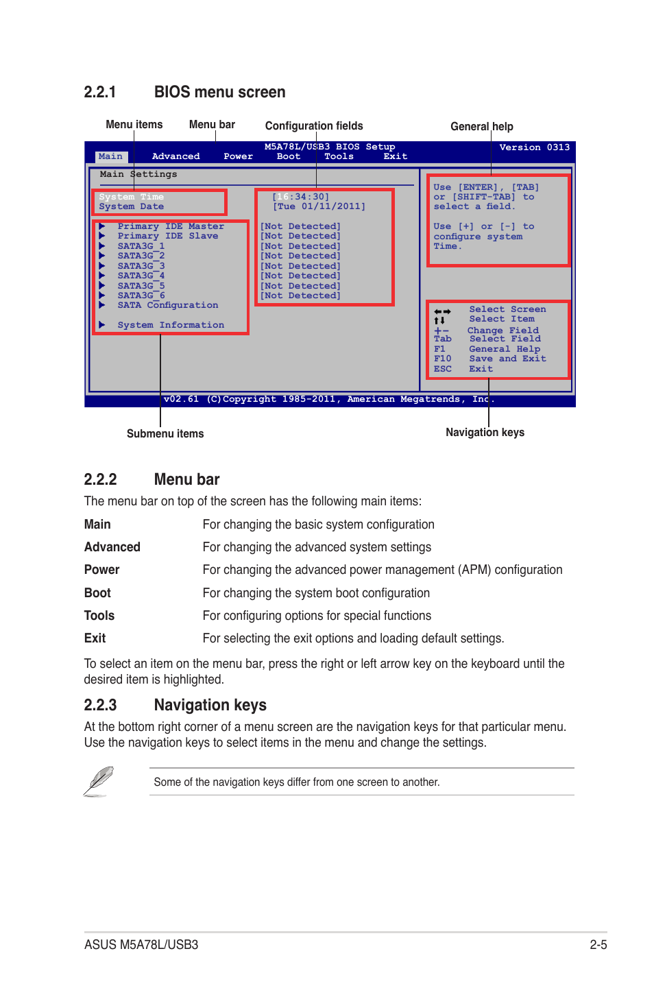1 bios menu screen, 2 menu bar, 3 navigation keys | Bios menu screen -5, Menu bar -5, Navigation keys -5, 1 bios menu screen 2.2.2 menu bar | Asus M5A78L/USB3 User Manual | Page 45 / 66
