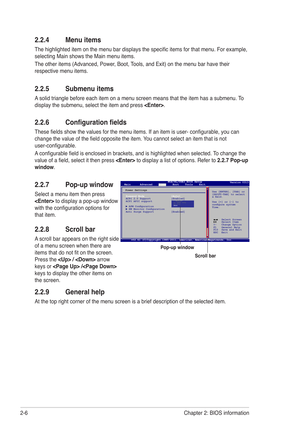 4 menu items, 5 submenu items, 6 configuration fields | 7 pop-up window, 8 scroll bar, 9 general help, Menu items -6, Submenu items -6, Configuration fields -6, Pop-up window -6 | Asus M5A78L/USB3 User Manual | Page 46 / 66