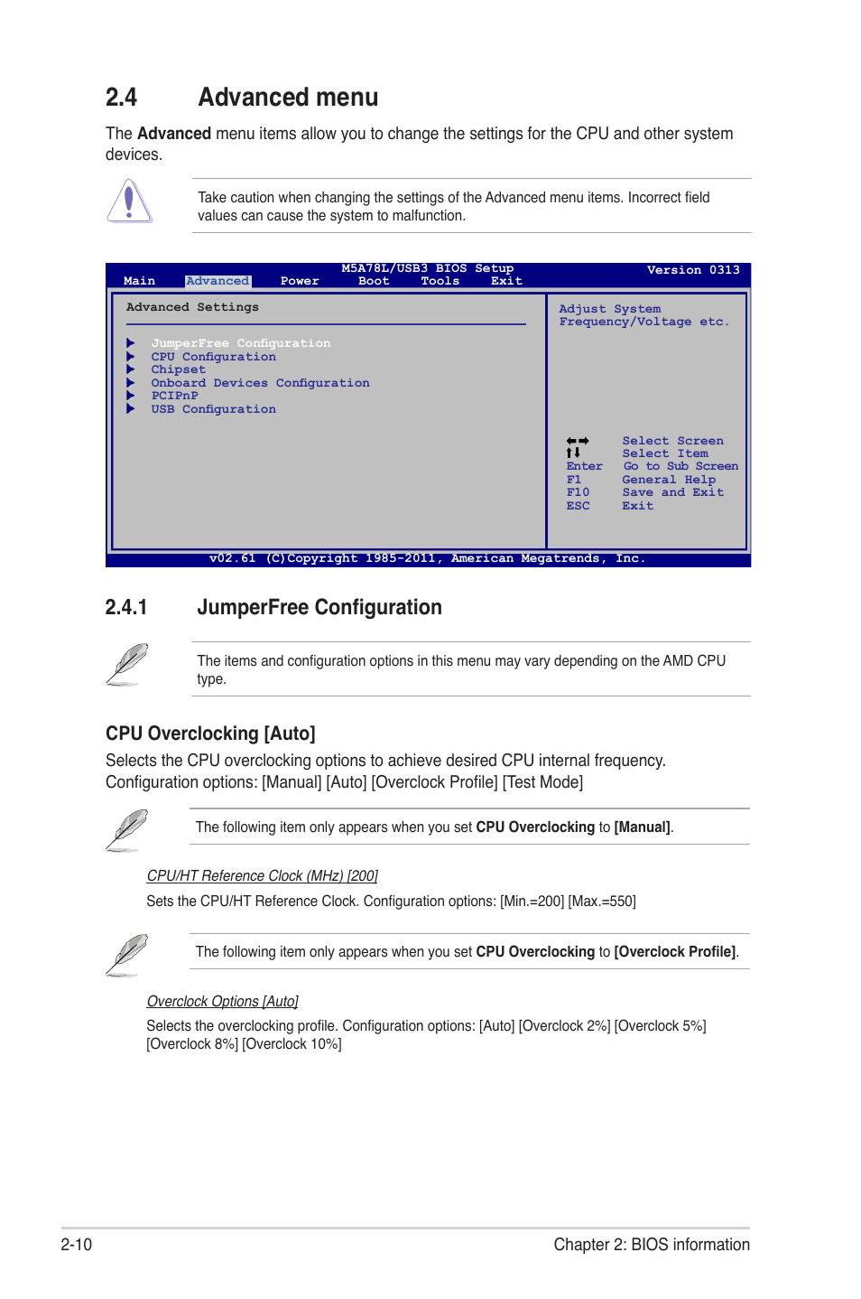 4 advanced menu, 1 jumperfree configuration, Advanced menu -10 2.4.1 | Jumperfree configuration -10, Cpu overclocking [auto | Asus M5A78L/USB3 User Manual | Page 50 / 66