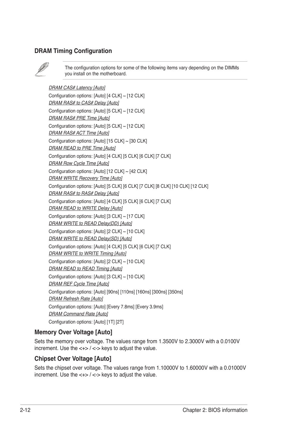 Dram timing configuration, Chipset over voltage [auto | Asus M5A78L/USB3 User Manual | Page 52 / 66