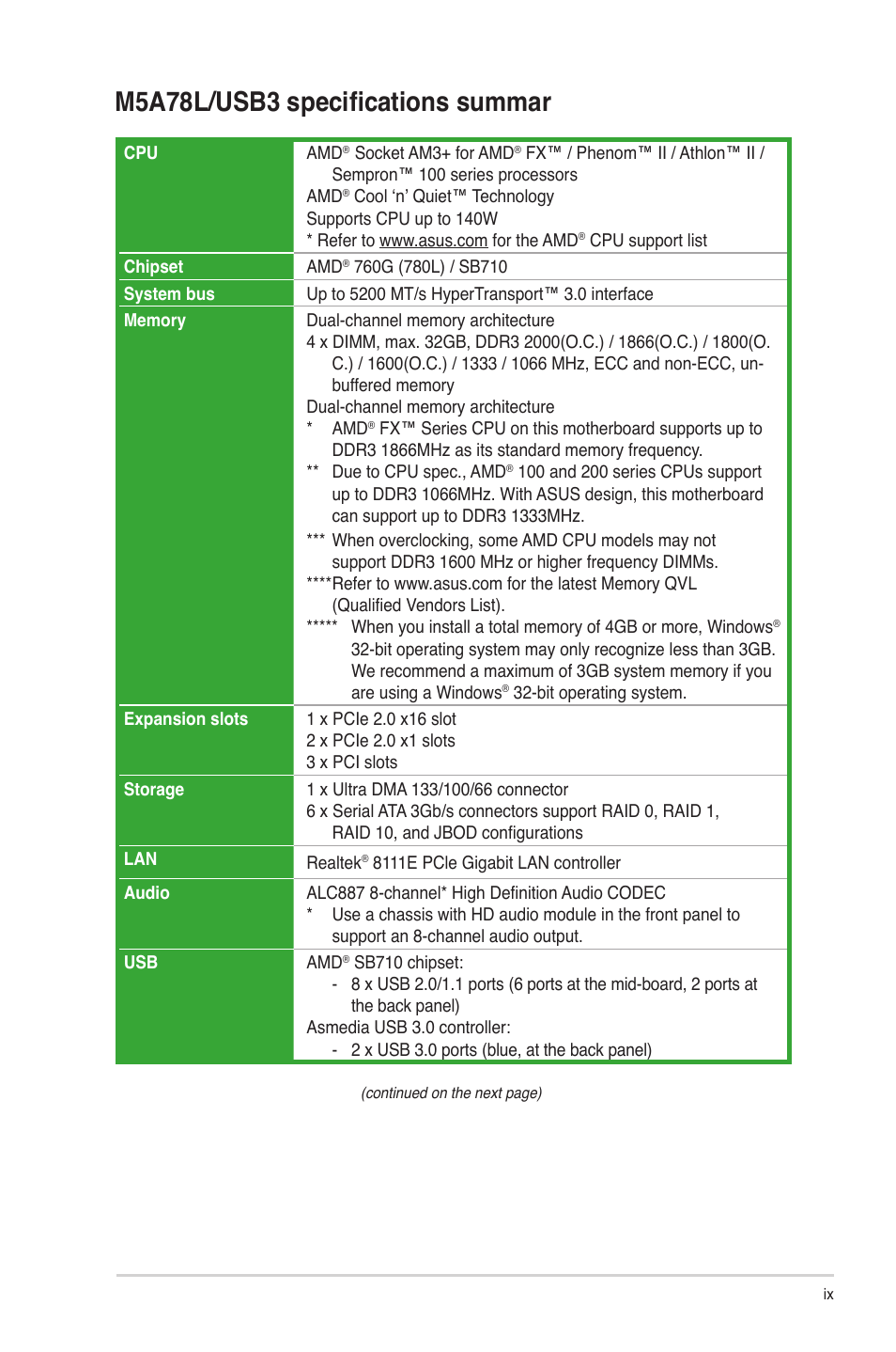 M5a78l/usb3 specifications summar | Asus M5A78L/USB3 User Manual | Page 9 / 66