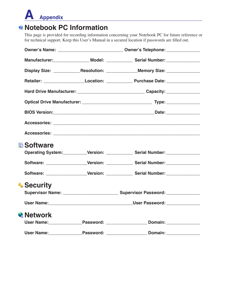 Notebook pc information, Software, Security | Network | Asus VX2 User Manual | Page 100 / 101