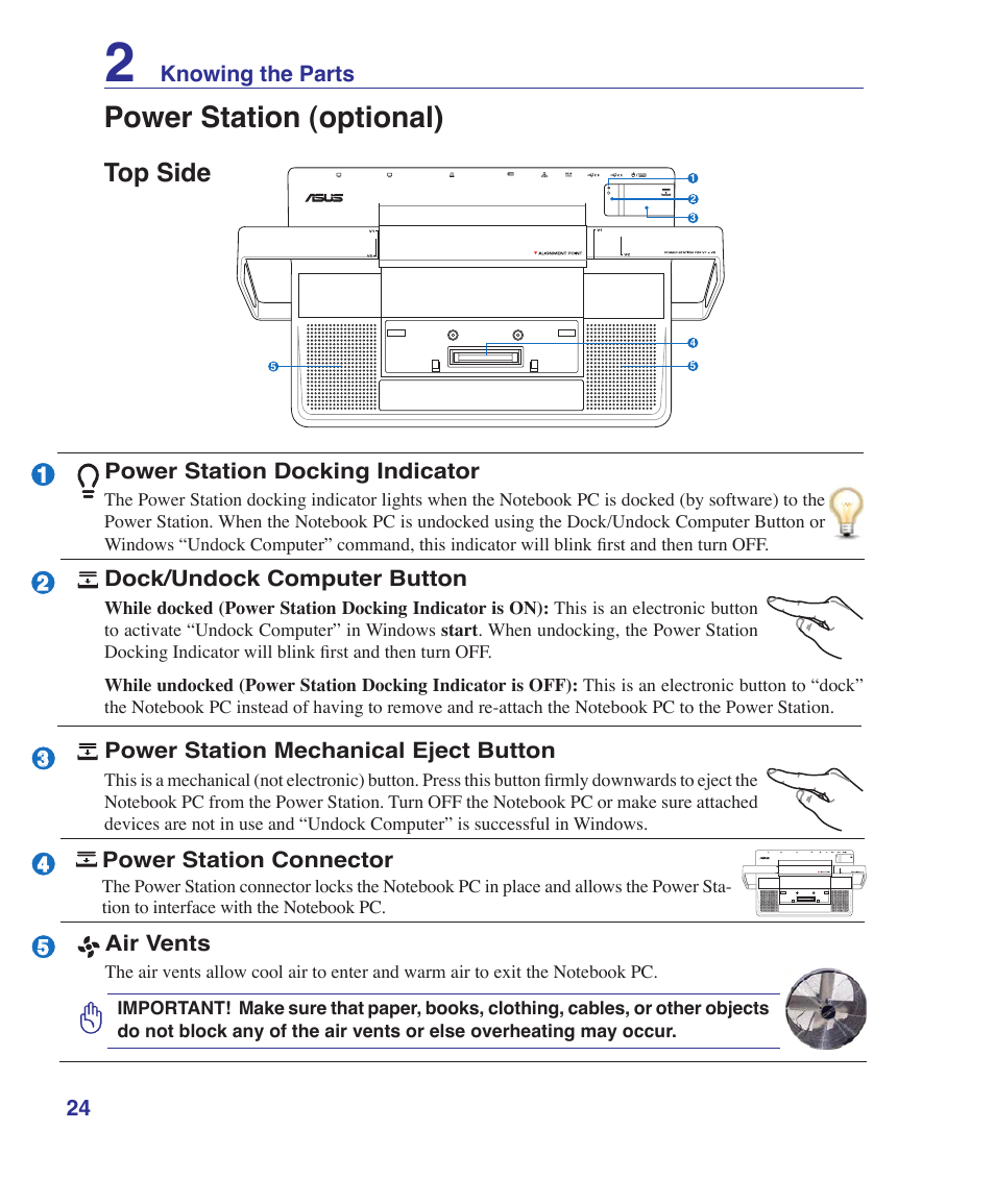 Top side, Power station (optional) | Asus VX2 User Manual | Page 24 / 101