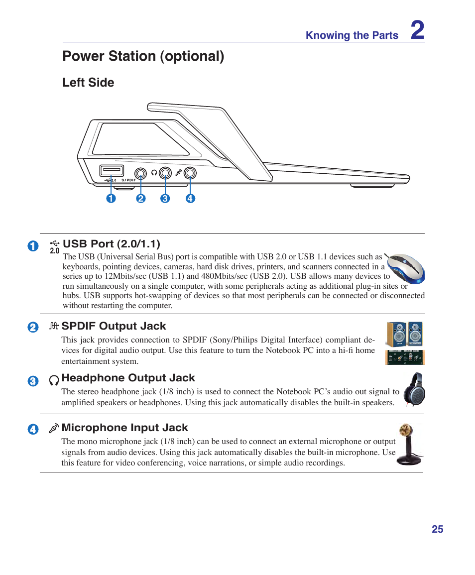 Left side, Power station (optional) | Asus VX2 User Manual | Page 25 / 101