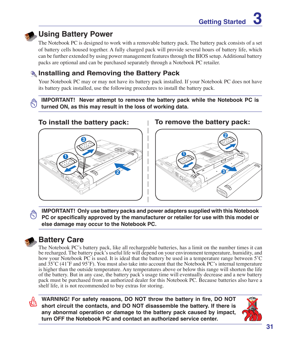 Using battery power, Battery care | Asus VX2 User Manual | Page 31 / 101