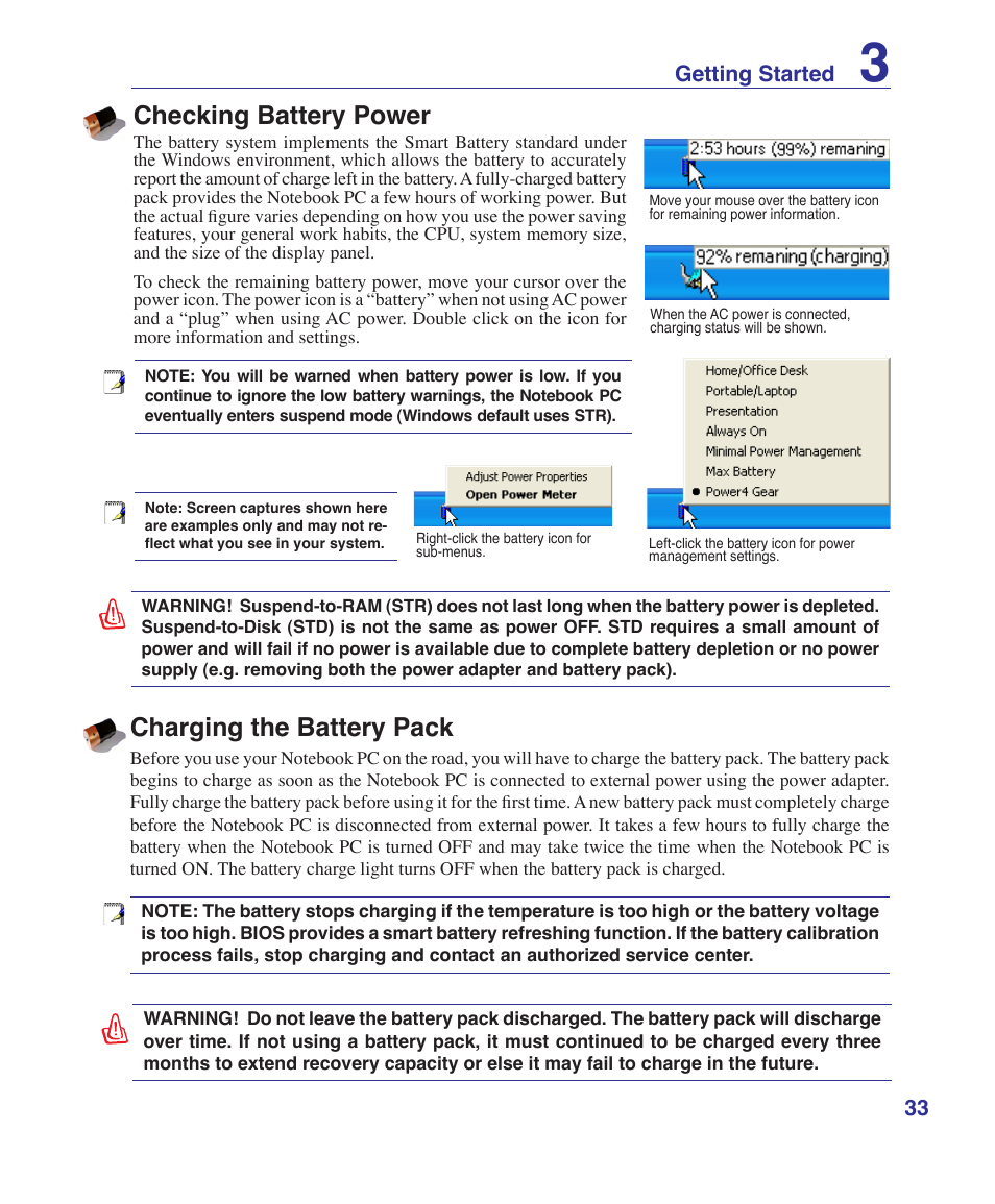 Checking battery power, Charging the battery pack, 33 getting started | Asus VX2 User Manual | Page 33 / 101