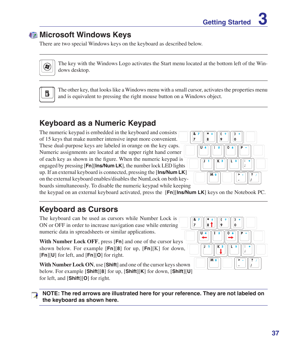 Microsoft windows keys, Keyboard as a numeric keypad, Keyboard as cursors | 37 getting started | Asus VX2 User Manual | Page 37 / 101