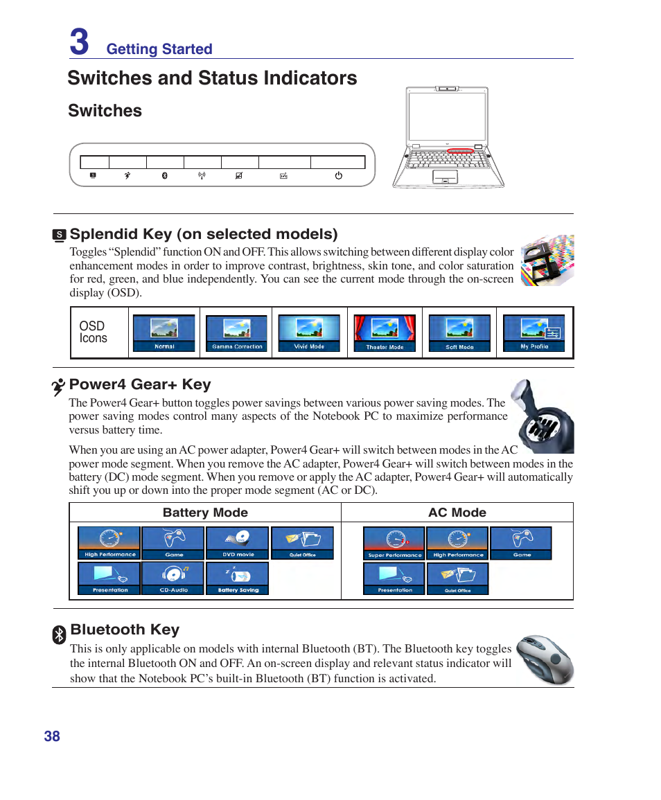 Switches and status indicators, Switches | Asus VX2 User Manual | Page 38 / 101