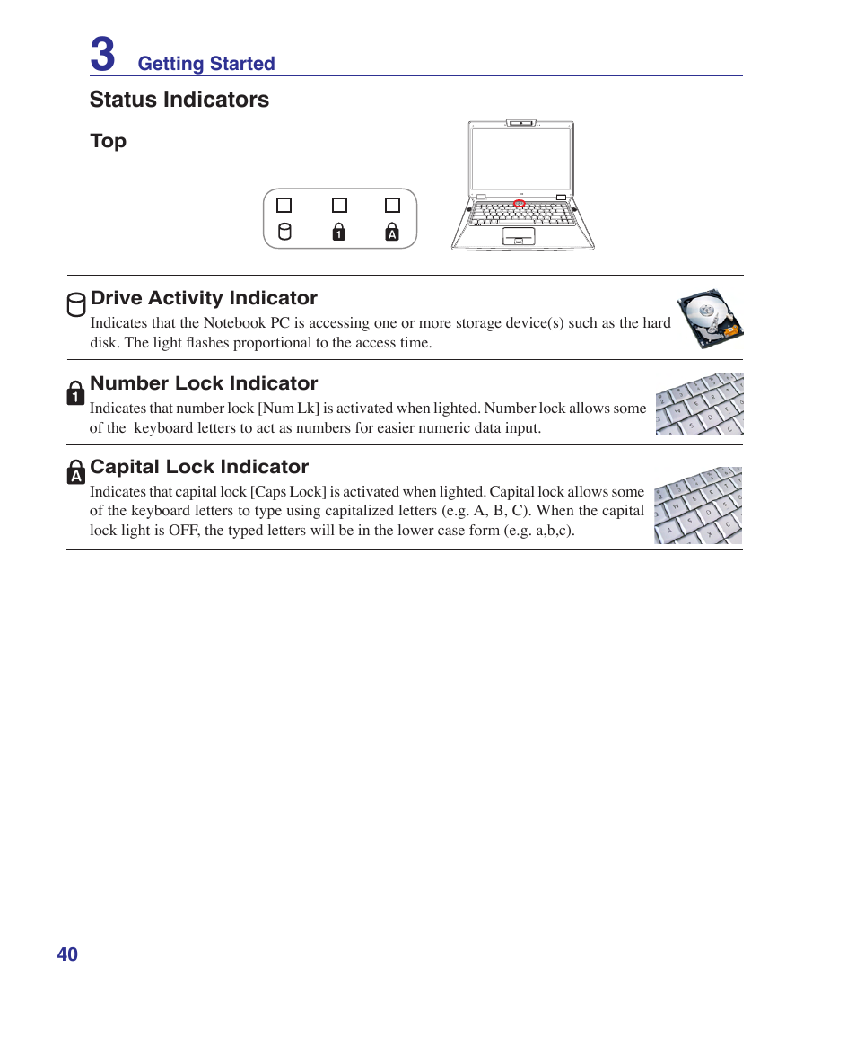 Status indicators | Asus VX2 User Manual | Page 40 / 101