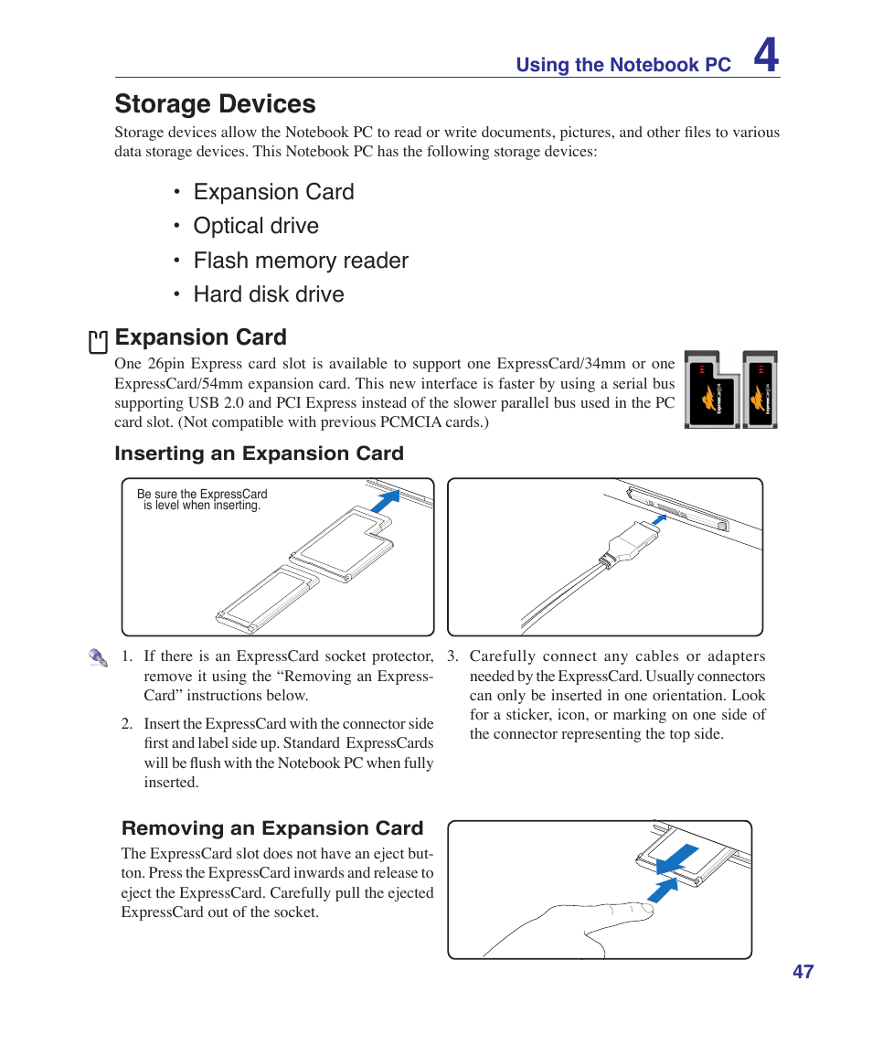 Storage devices, Expansion card | Asus VX2 User Manual | Page 47 / 101