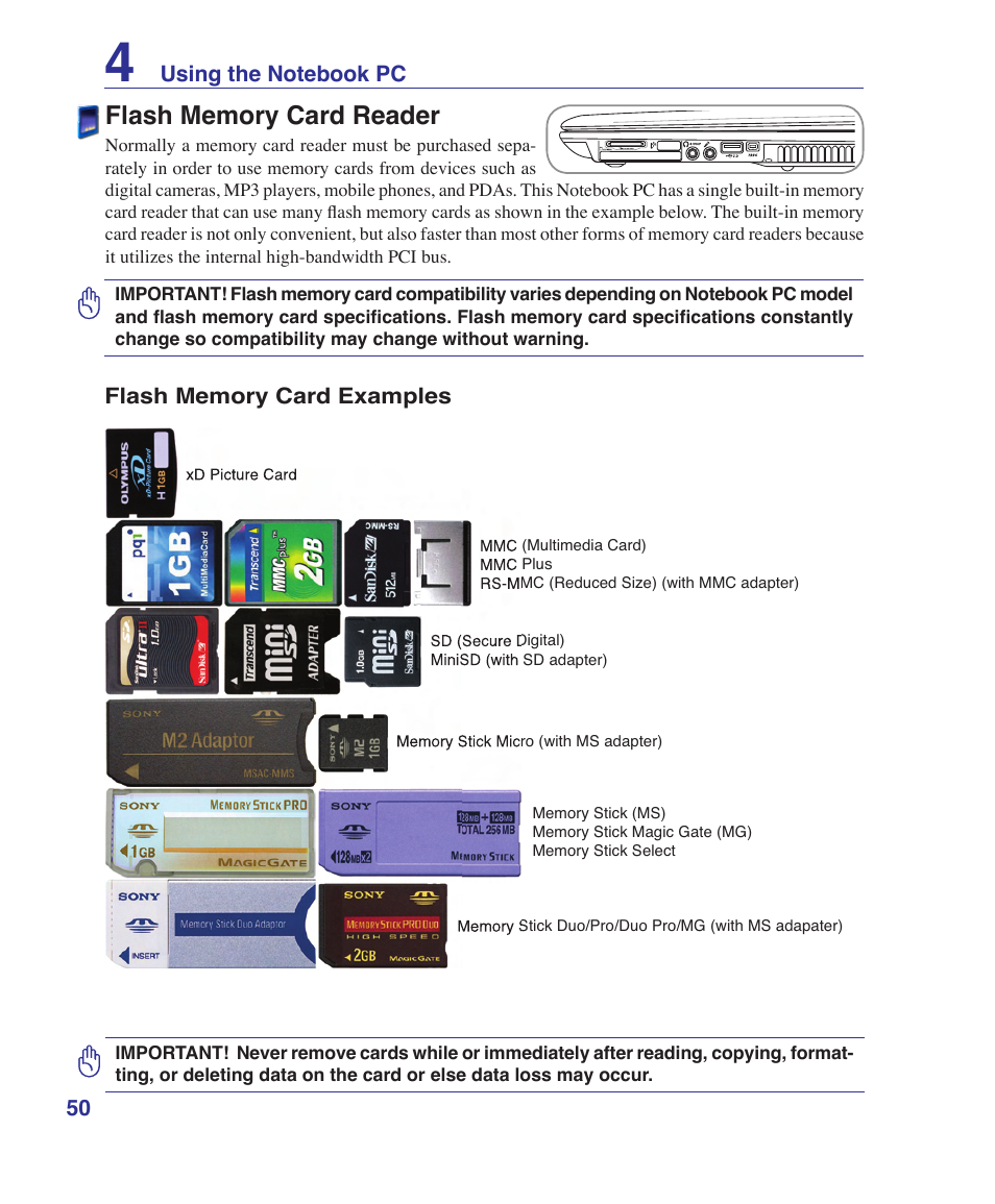 Flash memory card reader | Asus VX2 User Manual | Page 50 / 101