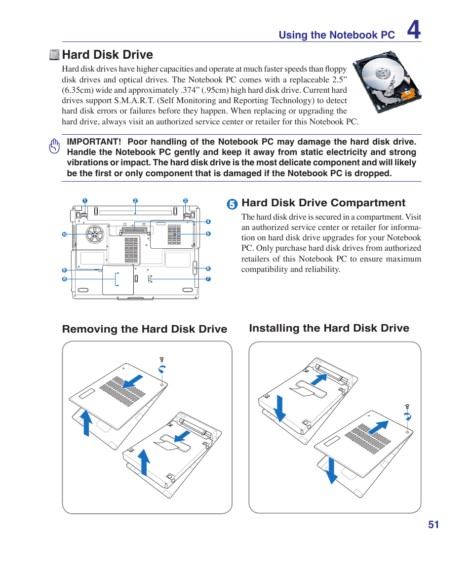 Hard disk drive, Hard disk drive compartment | Asus VX2 User Manual | Page 51 / 101