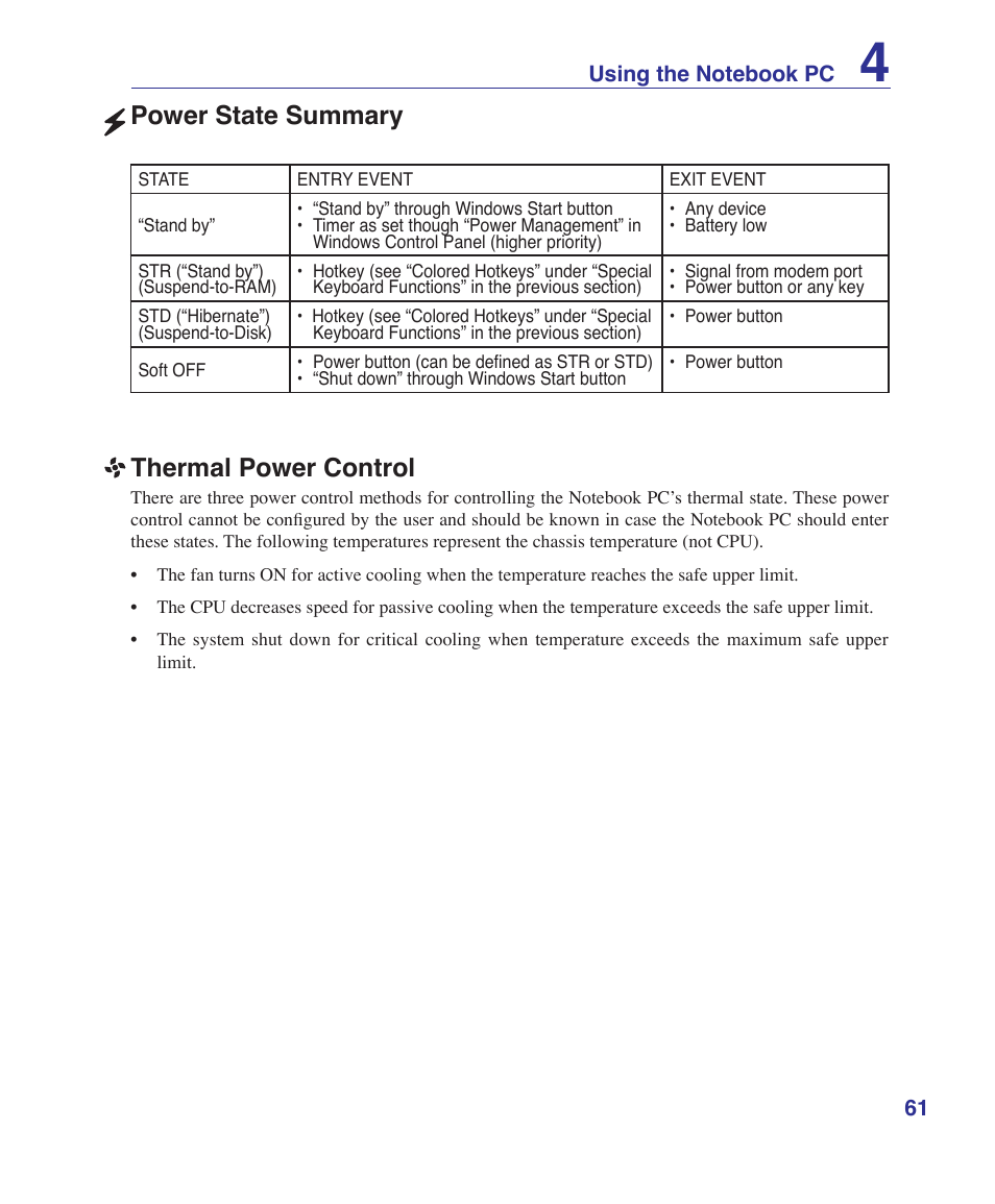 Power state summary, Thermal power control | Asus VX2 User Manual | Page 61 / 101