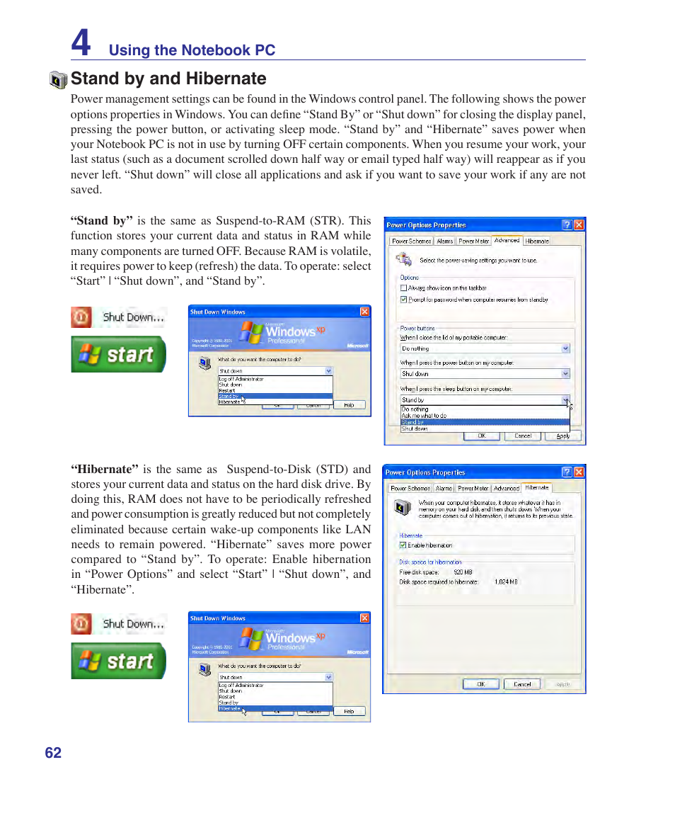 Stand by and hibernate | Asus VX2 User Manual | Page 62 / 101