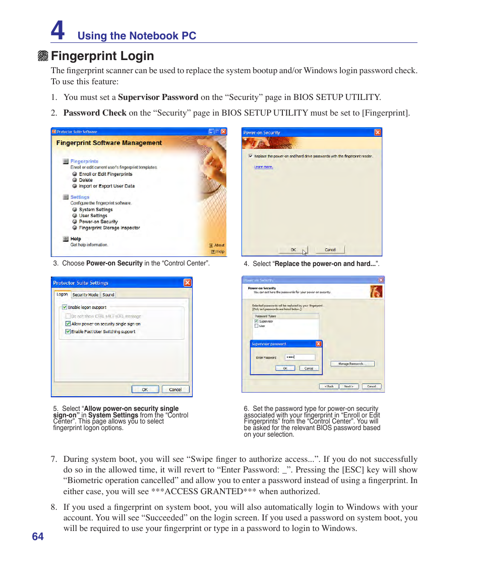 Fingerprint login | Asus VX2 User Manual | Page 64 / 101