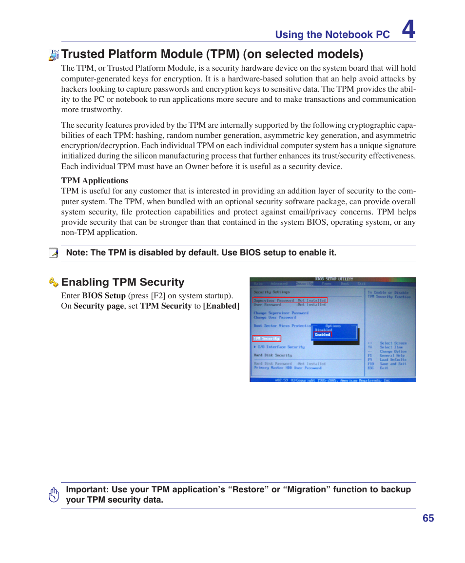 Trusted platform module (tpm) (on selected models) | Asus VX2 User Manual | Page 65 / 101