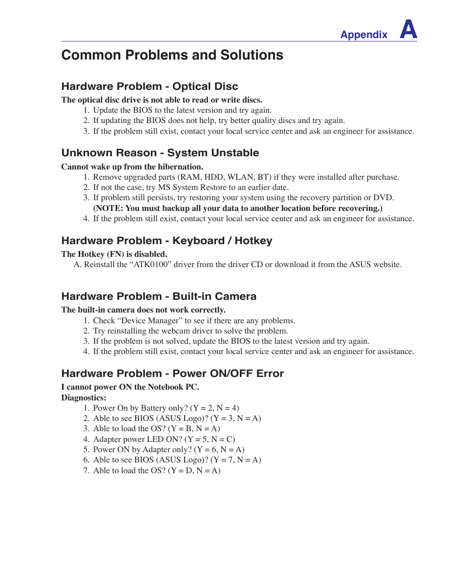 Common problems and solutions | Asus VX2 User Manual | Page 77 / 101