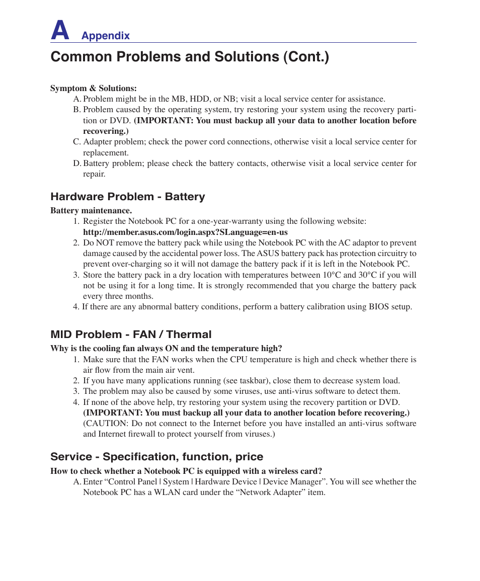 Common problems and solutions (cont.) | Asus VX2 User Manual | Page 78 / 101