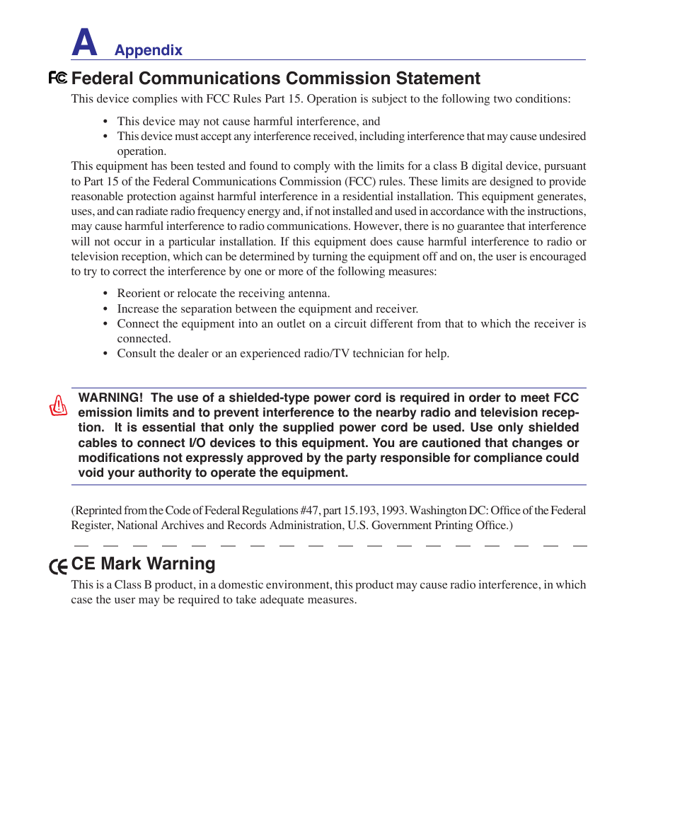 Federal communications commission statement, Ce mark warning | Asus VX2 User Manual | Page 92 / 101