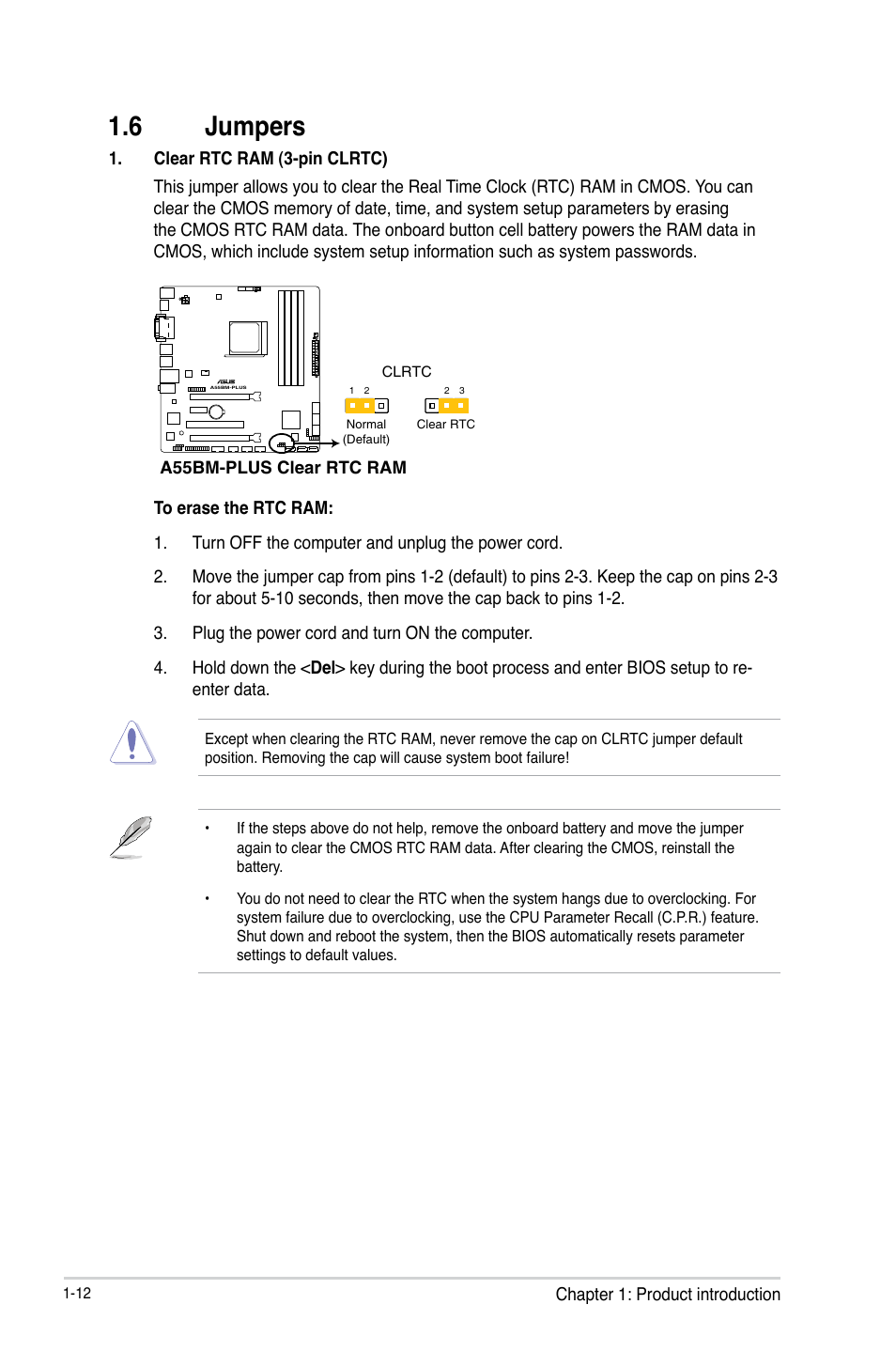 6 jumpers, Jumpers -12 | Asus A55BM-PLUS User Manual | Page 20 / 72