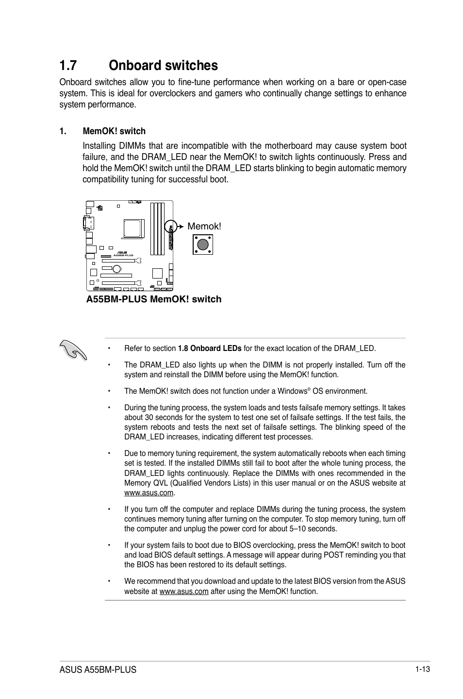 7 onboard switches, Onboard switches -13 | Asus A55BM-PLUS User Manual | Page 21 / 72