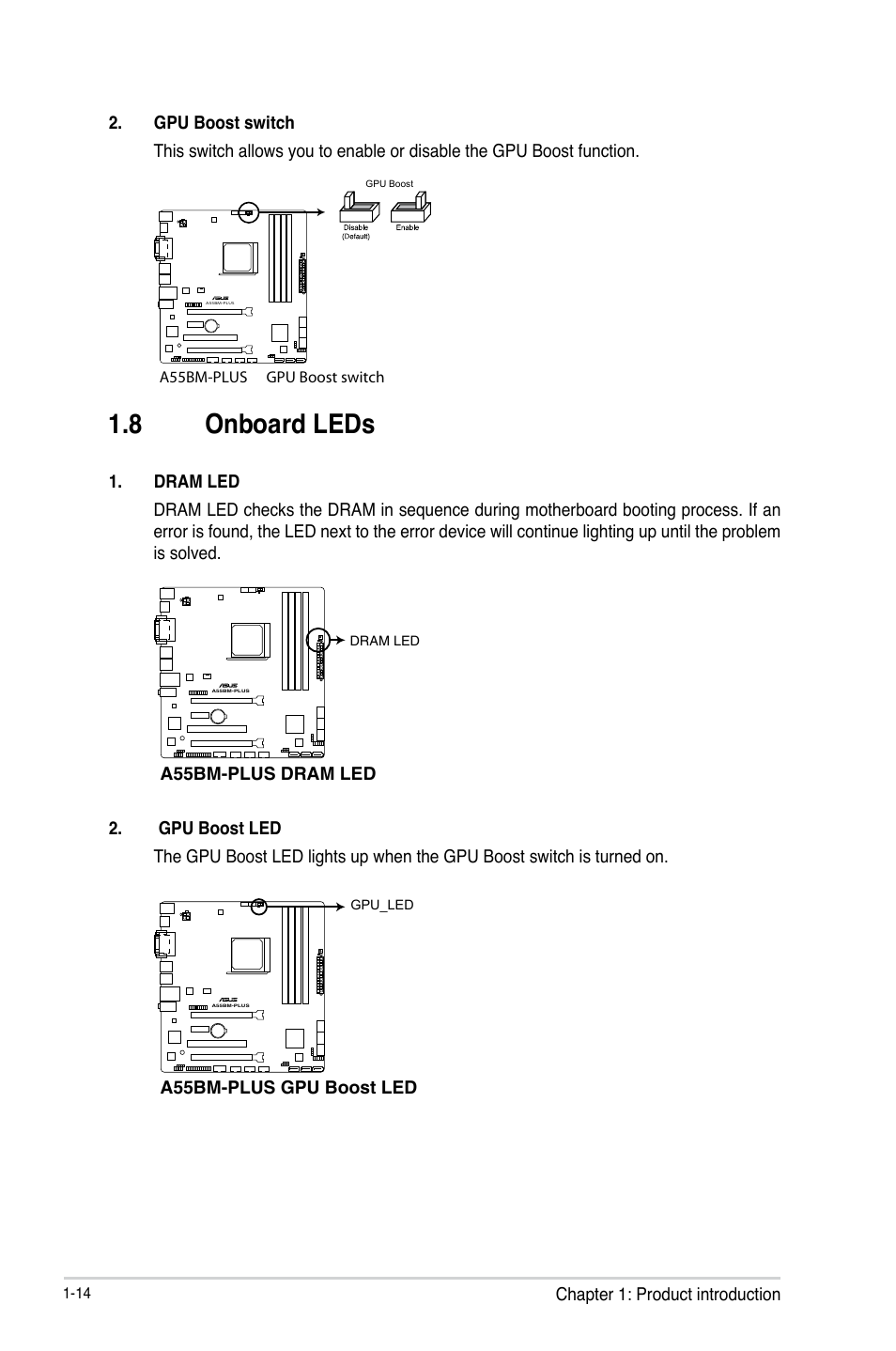 8 onboard leds, Onboard leds -14 | Asus A55BM-PLUS User Manual | Page 22 / 72