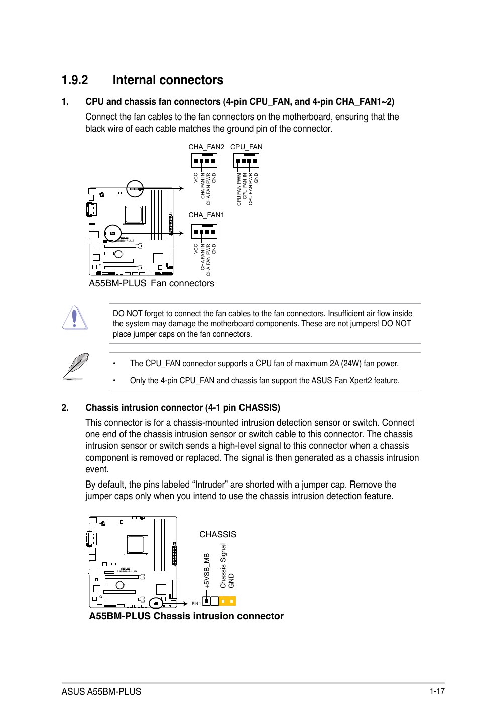 2 internal connectors, Asus a55bm-plus, A55bm-plus chassis intrusion connector | A55bm-plus fan connectors | Asus A55BM-PLUS User Manual | Page 25 / 72