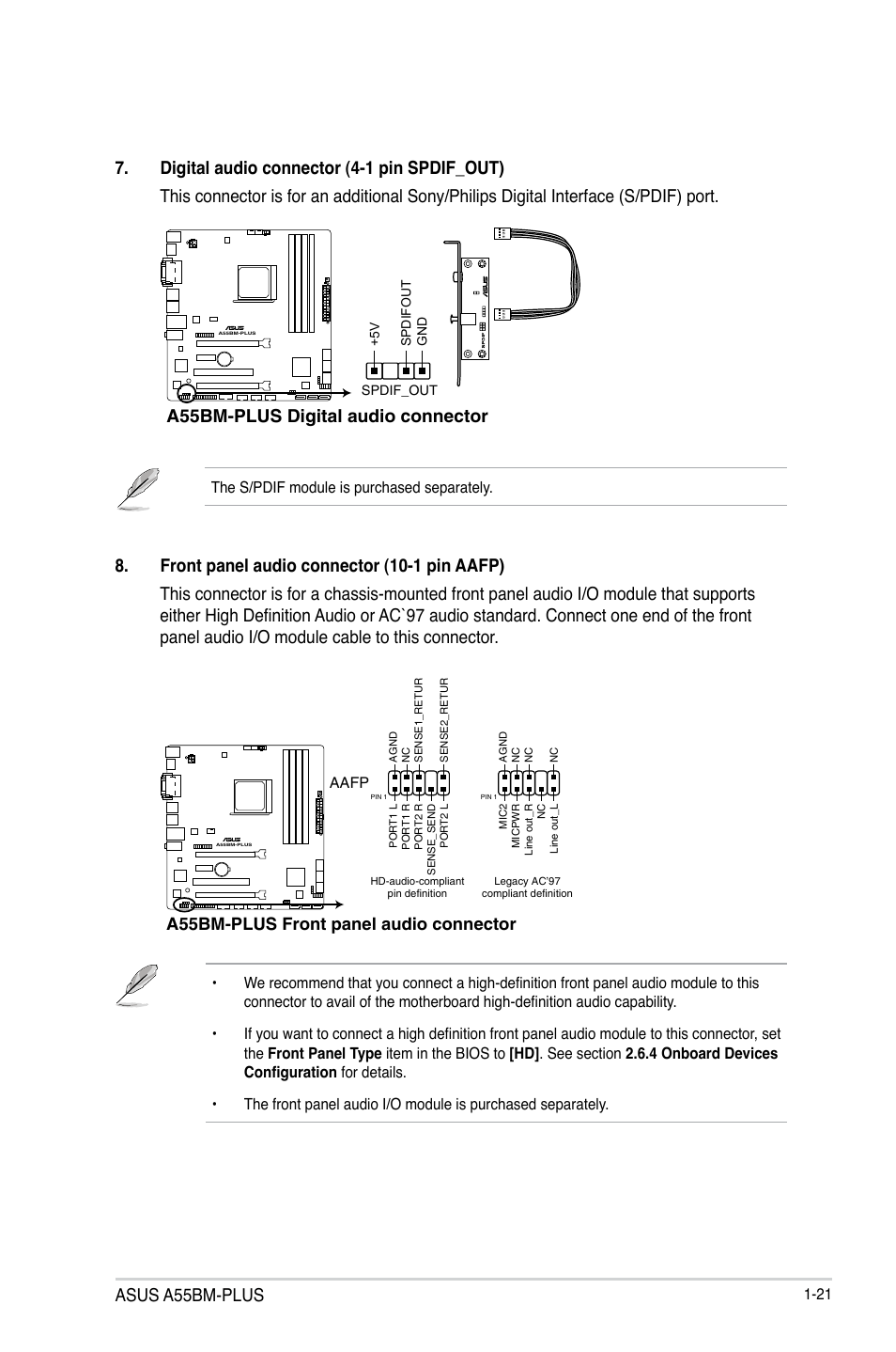 Asus a55bm-plus, A55bm-plus digital audio connector, A55bm-plus front panel audio connector | Asus A55BM-PLUS User Manual | Page 29 / 72