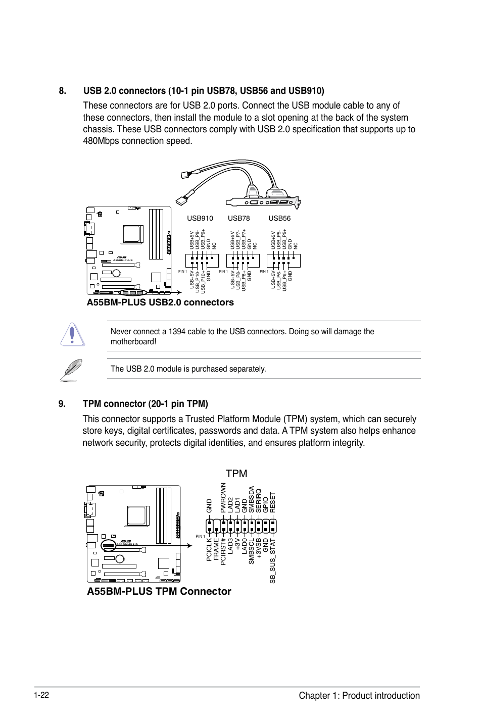 A55bm-plus tpm connector, A55bm-plus usb2.0 connectors | Asus A55BM-PLUS User Manual | Page 30 / 72