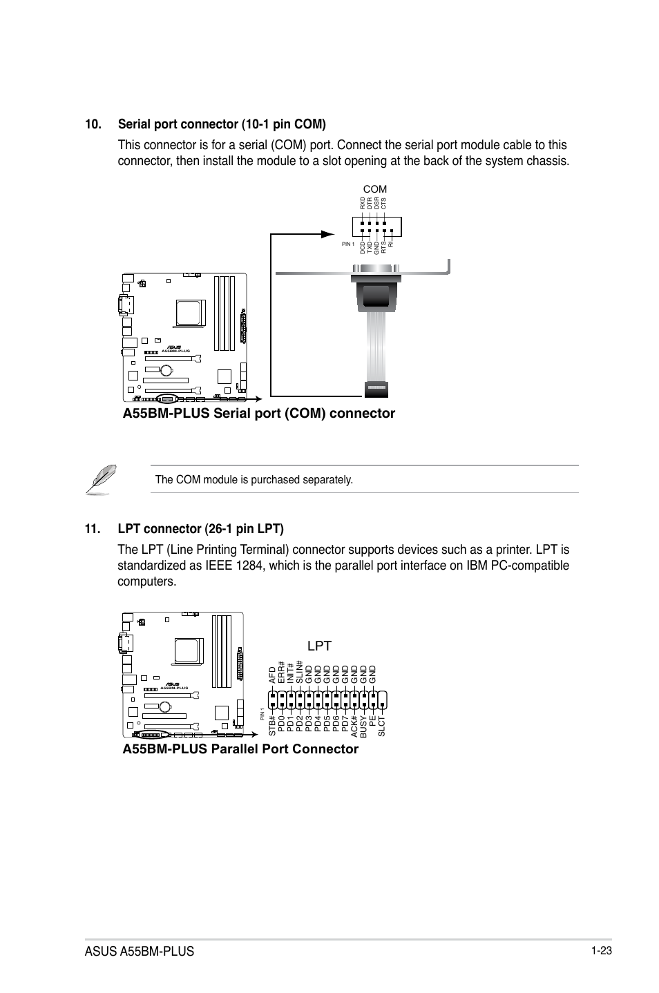 Asus a55bm-plus, A55bm-plus serial port (com) connector, A55bm-plus parallel port connector | Asus A55BM-PLUS User Manual | Page 31 / 72