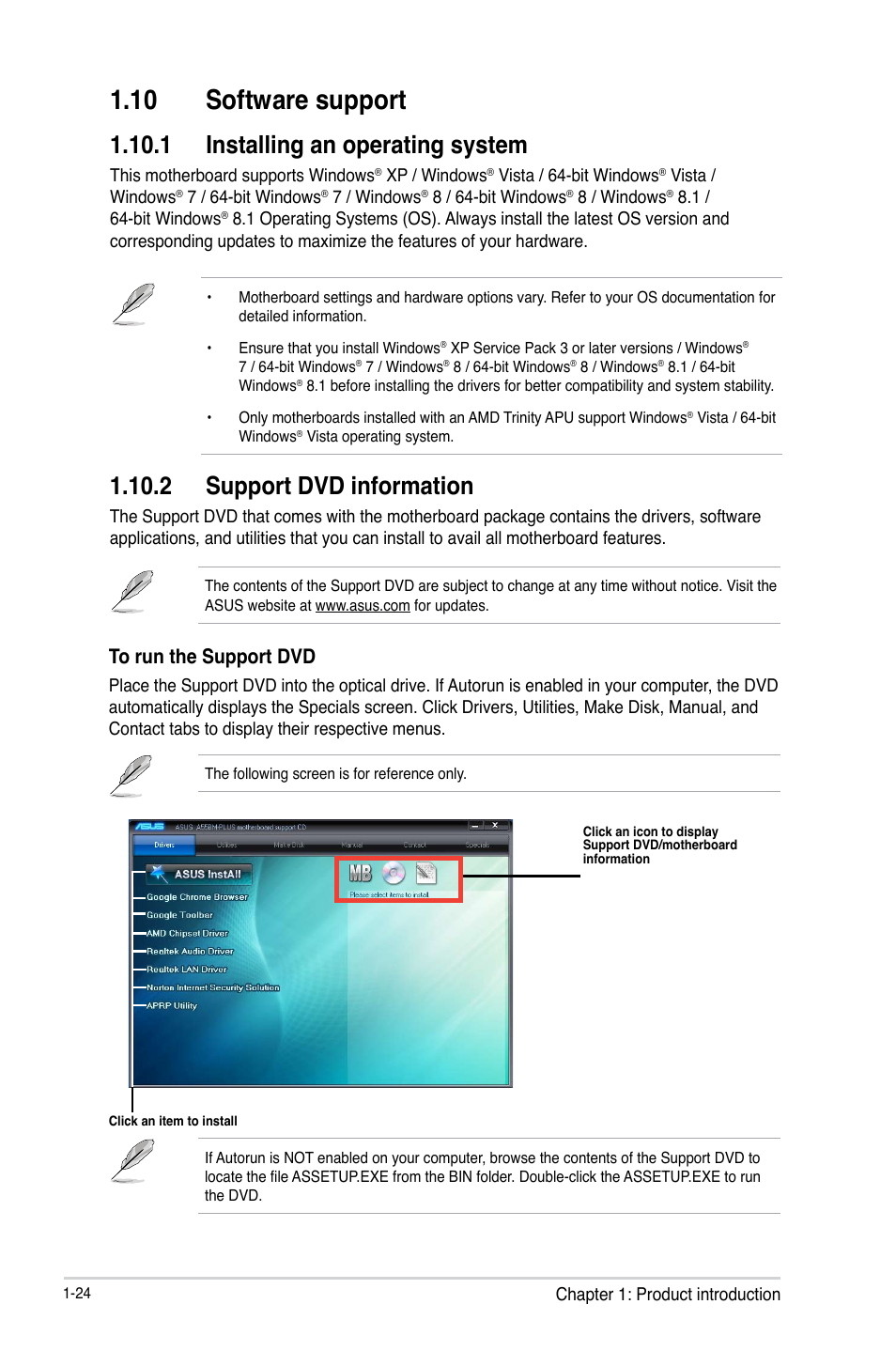 10 software support, 10 software support -24, 1 installing an operating system | 2 support dvd information | Asus A55BM-PLUS User Manual | Page 32 / 72