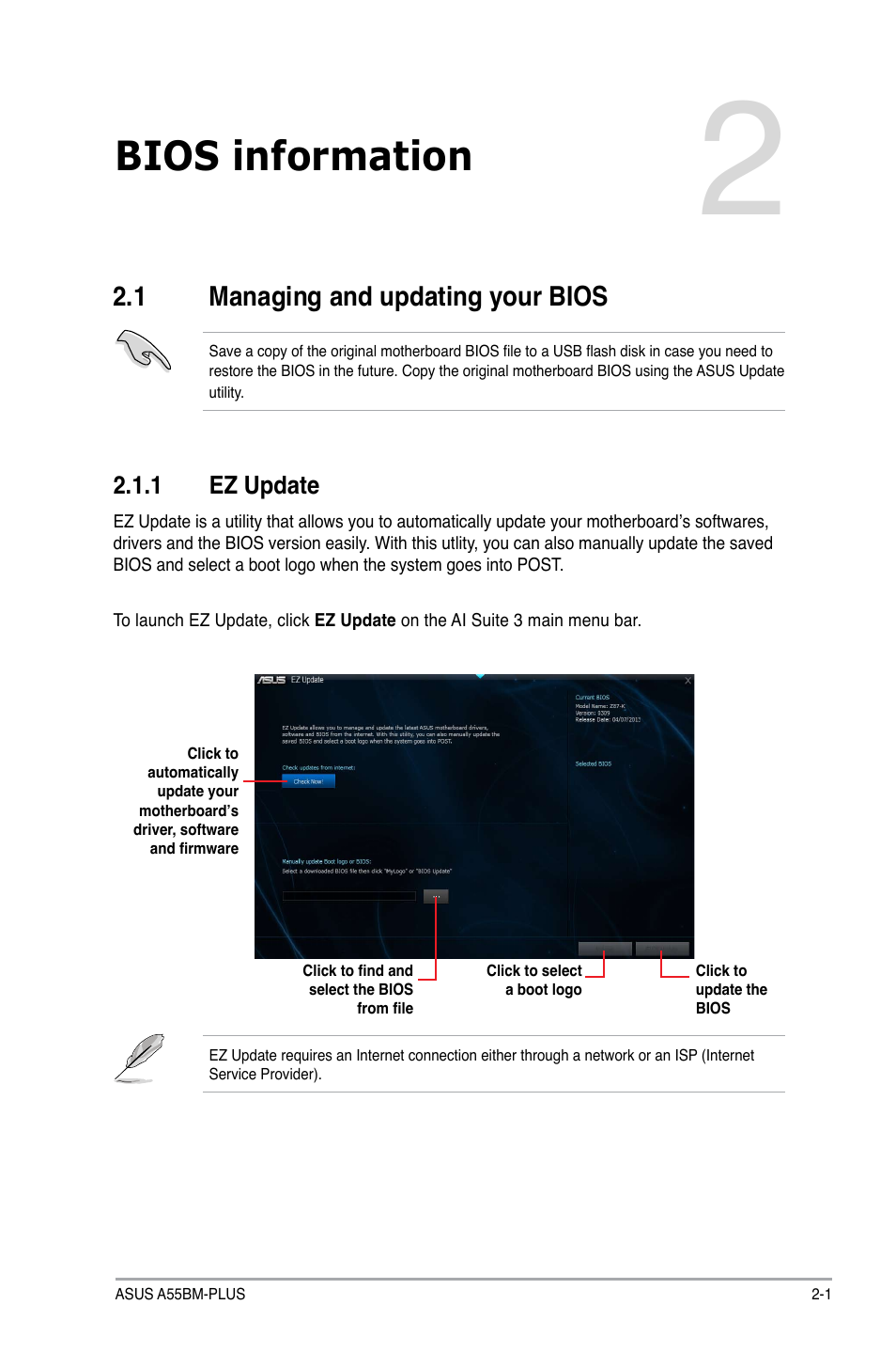 Bios information, 1 managing and updating your bios, Managing and updating your bios -1 | Asus A55BM-PLUS User Manual | Page 33 / 72