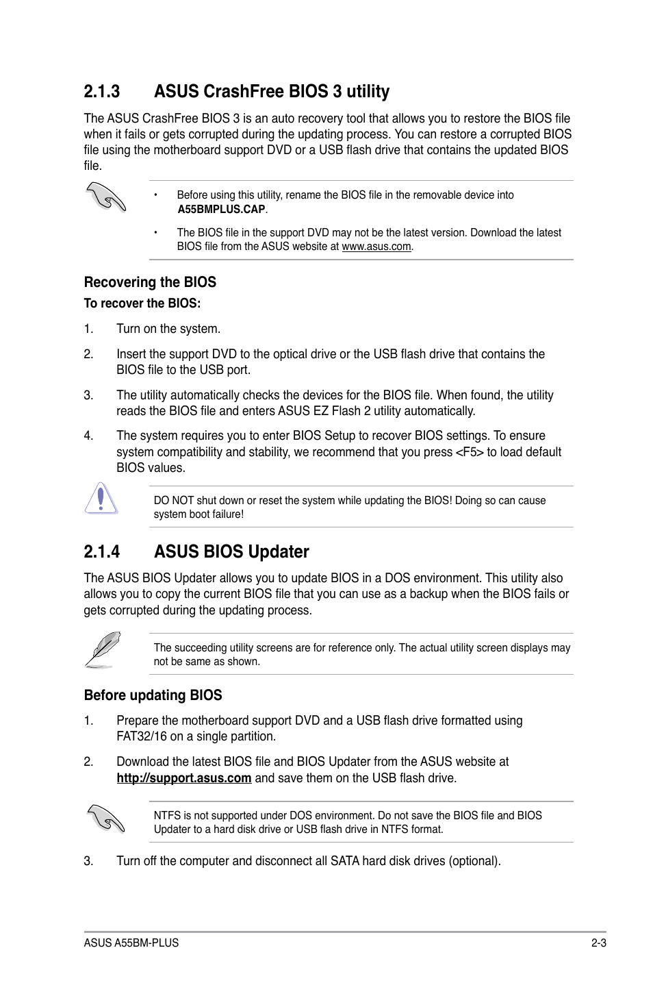 3 asus crashfree bios 3 utility, 4 asus bios updater | Asus A55BM-PLUS User Manual | Page 35 / 72