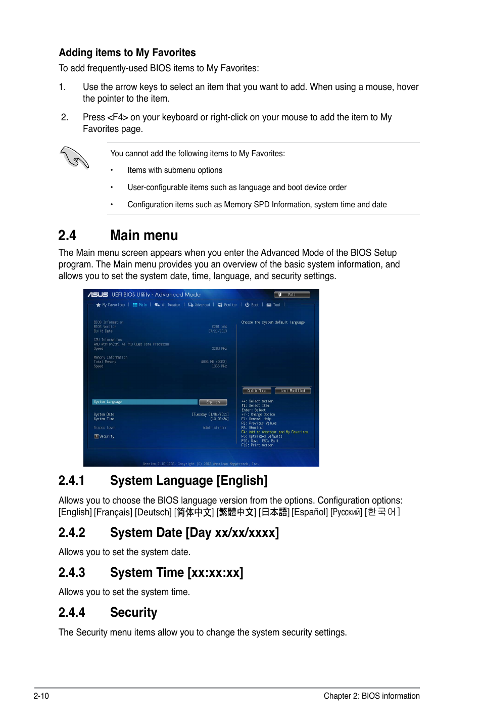 4 main menu, Main menu -10, 1 system language [english | 3 system time [xx:xx:xx, 4 security | Asus A55BM-PLUS User Manual | Page 42 / 72