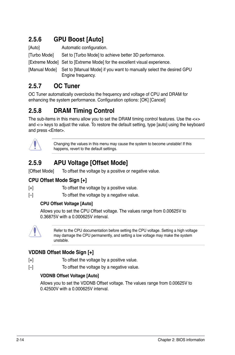 6 gpu boost [auto, 7 oc tuner, 8 dram timing control | 9 apu voltage [offset mode | Asus A55BM-PLUS User Manual | Page 46 / 72