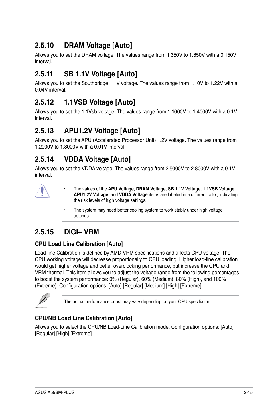 10 dram voltage [auto, 11 sb 1.1v voltage [auto, 12 1.1vsb voltage [auto | 13 apu1.2v voltage [auto, 14 vdda voltage [auto, 15 digi+ vrm | Asus A55BM-PLUS User Manual | Page 47 / 72