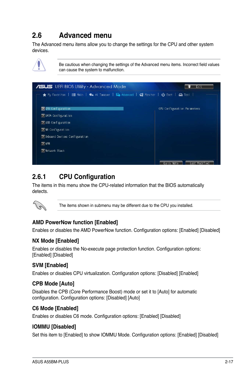 6 advanced menu, Advanced menu -17, 1 cpu configuration | Asus A55BM-PLUS User Manual | Page 49 / 72